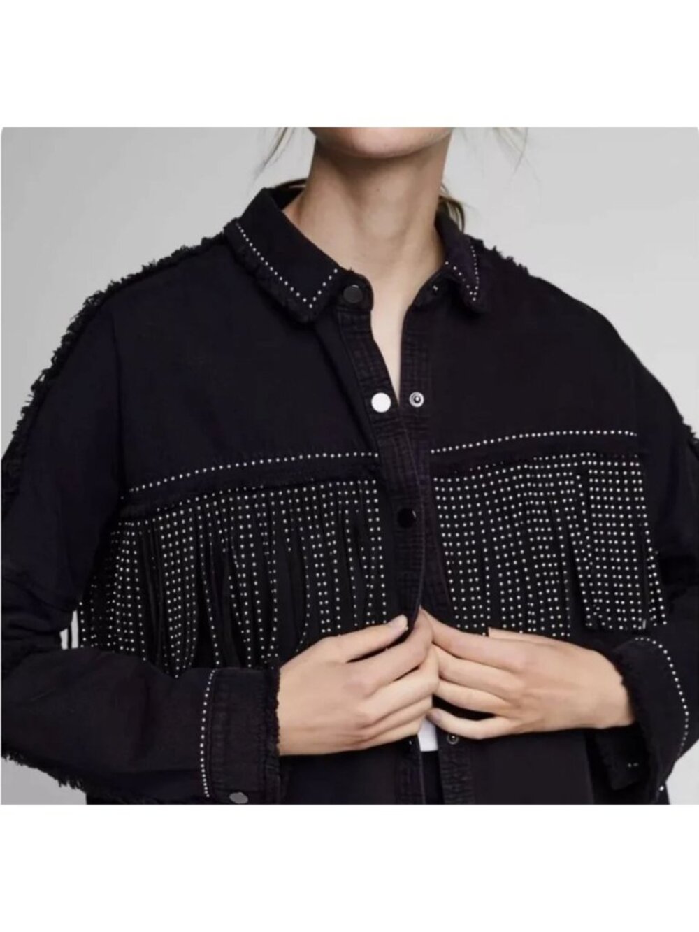 Zara Studded Fringe Denim Shacket S Jacket Oversize Snaps Western Goth Rodeo